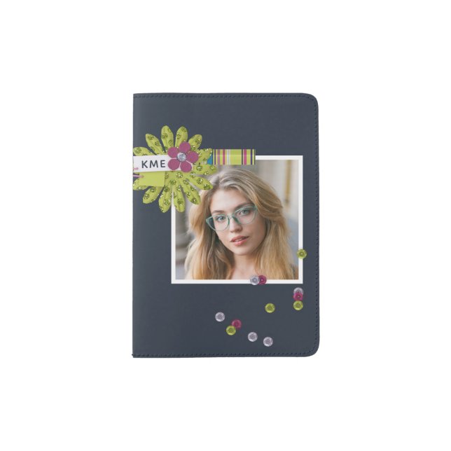 Monogram Girly Modern Floral Personalized Photo Passport Holder (Front)