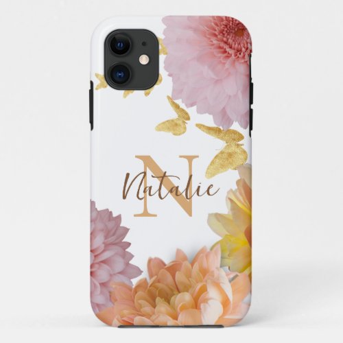 Monogram girly Photo of flowers Elegant Pink Beige iPhone 11 Case