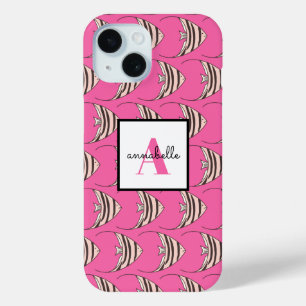 Monogram Girly Pink Fish Pattern Personalized iPhone 15 Case