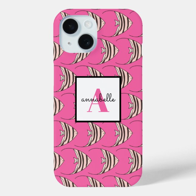 Monogram Girly Pink Fish Pattern Personalized Case-Mate iPhone Case (Back)