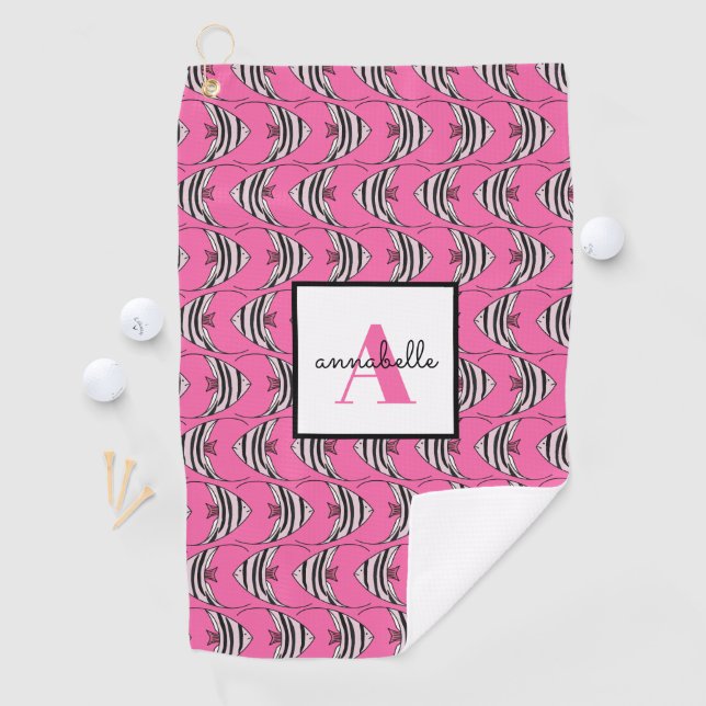 Monogram Girly Pink Fish Pattern Personalized Golf Towel (InSitu)