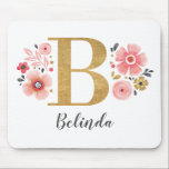 Monogram Girly Pink Floral Mouse Pad<br><div class="desc">A beautiful, feminine monogrammed pink floral mouse pad, featuring pink flowers and a faux gold monogram letter B. Personalize the mouse pad by adding your name underneath the monogram. All letters available in the shop. Makes a fun gift for a friend or for a bridesmaid gift. Designed for you by...</div>