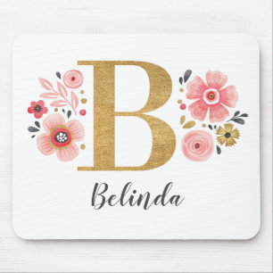 Monogram Girly Pink Floral Mouse Pad