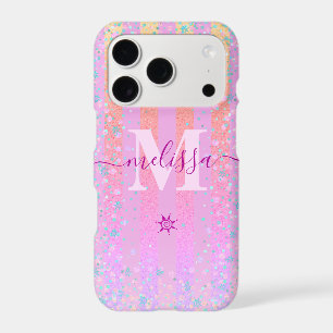 Monogram Girly Pink Glitter Rainbow Ombre Script iPhone 17 Pro Case
