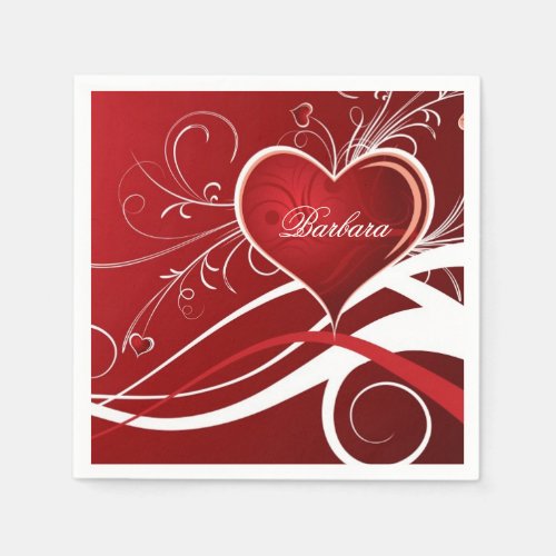 Monogram Girly Red  White Heart And Floral Swirls Napkins