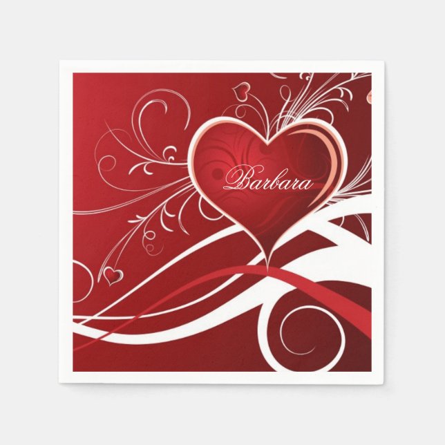 Monogram Girly Red & White Heart And Floral Swirls Napkins (Front)