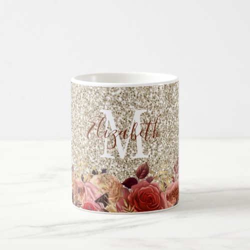 Monogram Girly Rose Gold Floral Light Gold Glitter Coffee Mug - This mug offer a girly glam design featuring a monogram, rose gold and peach flowers on a faux champagne colored glitter background.