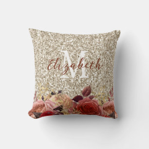 Monogram Girly Rose Gold Floral Light Gold Glitter Throw Pillow