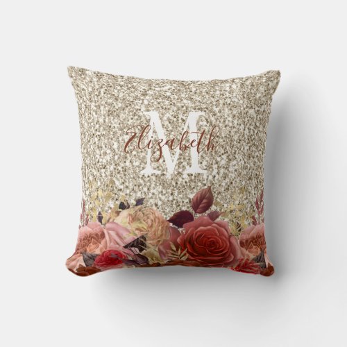 Monogram Girly Rose Gold Floral Light Gold Glitter Throw Pillow - This throw pillow offers a girl design featuring a custom monogram on a modern light gold faux glitter background. The pillow is accented with rose gold and peach flowers across the bottom.