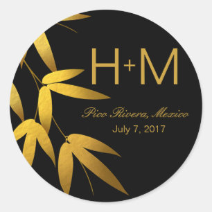 Monogram Glam Bamboo Leaves Gold Foil   black Classic Round Sticker