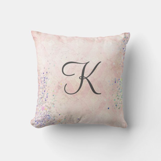 Monogram Glam Chic Pink Gray Sparkle Elegant Throw Pillow (Front)