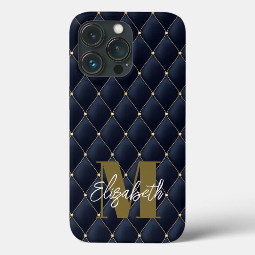 Monogram Glamorous Gold Navy Quilted Pattern iPhone 13 Pro Case