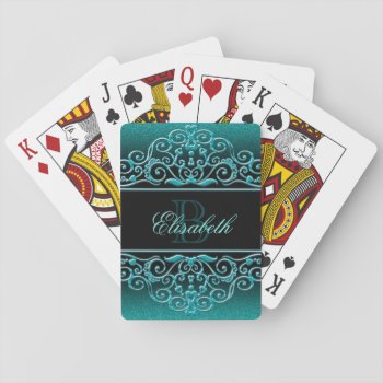 Monogram Glitter Black And Aqua Playing Cards by 85leobar85 at Zazzle