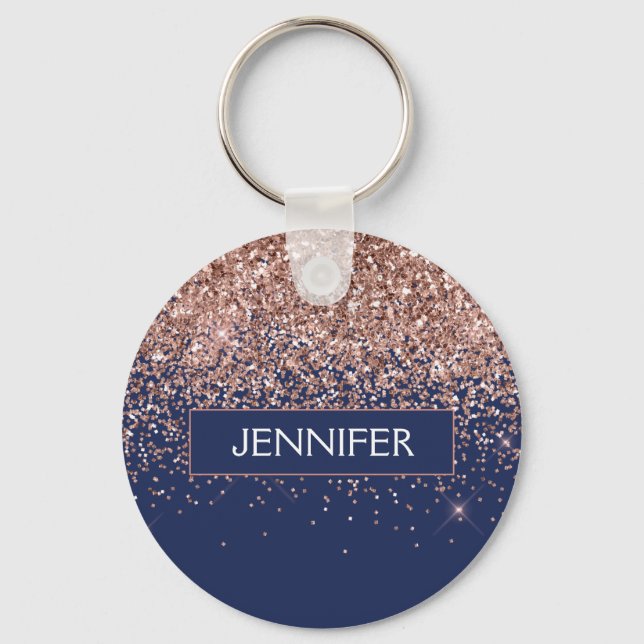 Monogram Glitter Blush Pink Rose Gold Navy Blue Keychain (Front)