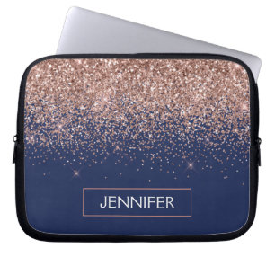 Monogram Glitter Blush Pink Rose Gold Navy Blue Laptop Sleeve