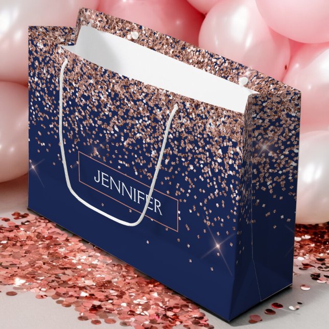 Monogram Glitter Blush Pink Rose Gold Navy Blue Large Gift Bag (Creator Uploaded)