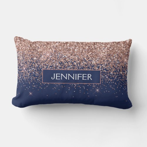 Monogram Glitter Blush Pink Rose Gold Navy Blue Lumbar Pillow