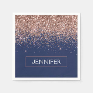 Monogram Glitter Blush Pink Rose Gold Navy Blue Napkins