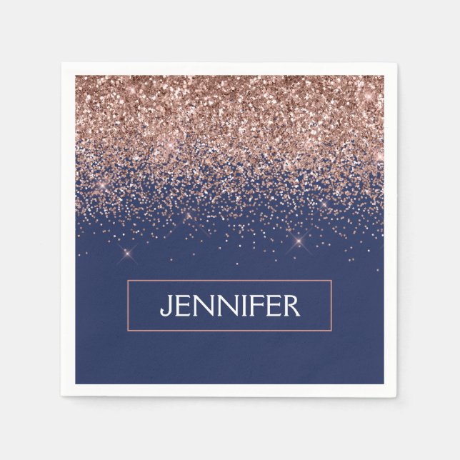 Monogram Glitter Blush Pink Rose Gold Navy Blue Napkins (Front)