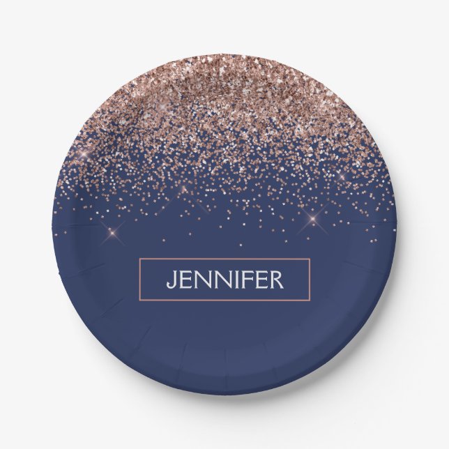 Monogram Glitter Blush Pink Rose Gold Navy Blue Paper Plates (Front)