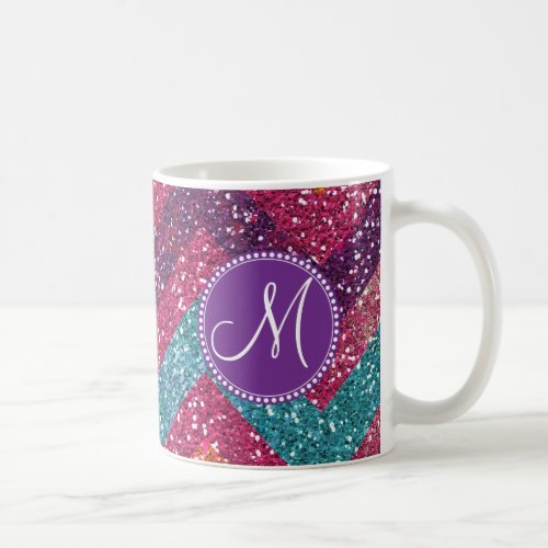 Monogram Glitter Chevron Pink Purple Orange Teal Coffee Mug