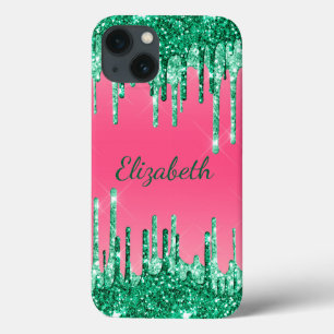 Monogram Glitter Drips Pink Green Trendy iPhone 13 Case