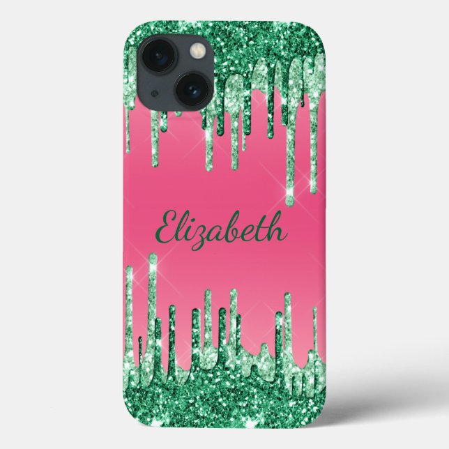 Monogram Glitter Drips Pink Green Trendy Case-Mate iPhone Case (Back)