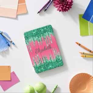 Monogram Glitter Drips Pink Green Trendy Glam iPad Mini Cover