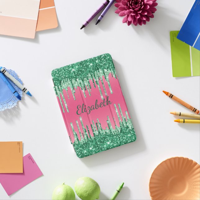 Monogram Glitter Drips Pink Green Trendy Glam iPad Mini Cover (In Situ)