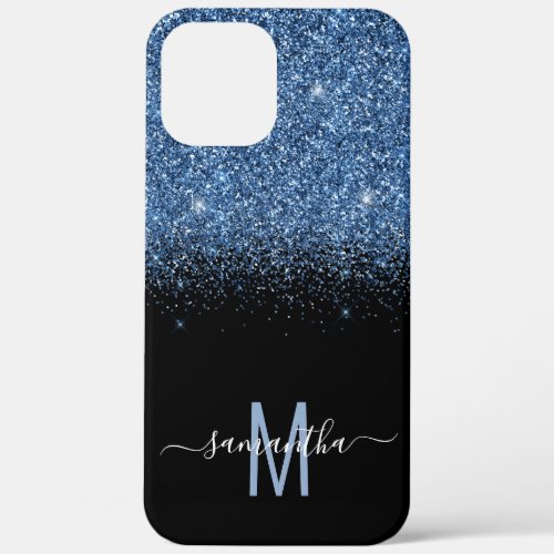 Monogram Glitter Fading Calligraphy Name  Blue iPhone 12 Pro Max Case