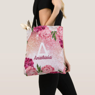 Monogram Glitter Floral pink design Tote Bag