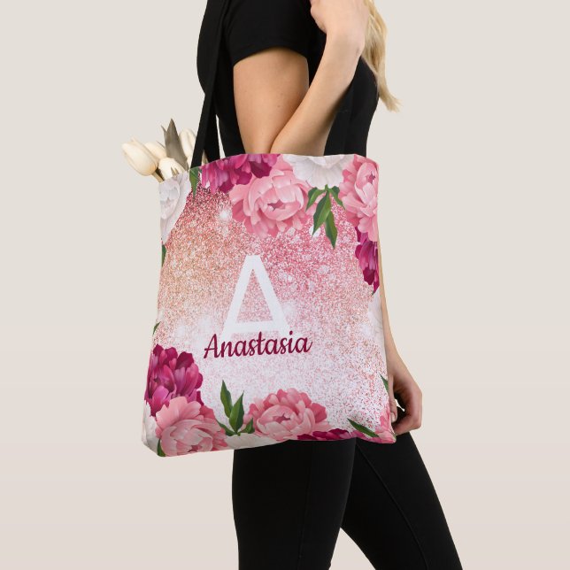 Monogram Glitter Floral pink design Tote Bag (Close Up)