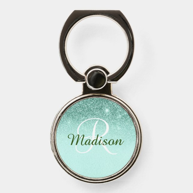 Monogram Glitter Gift Ombre Green Mint Phone Ring Stand (Front)