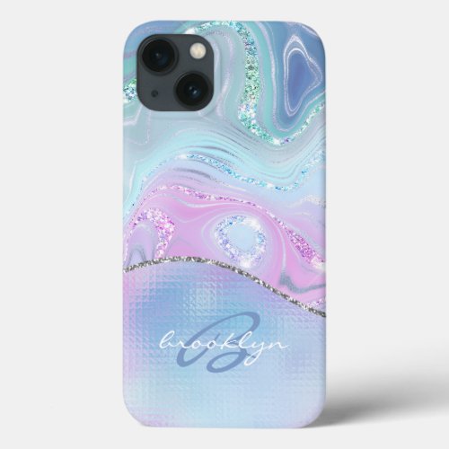 Monogram Glitter Girly Rainbow Blue Sparkle iPhone 13 Case