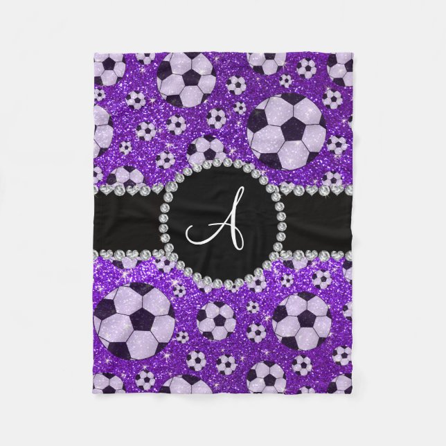 Monogram glitter indigo purple soccer balls fleece blanket (Front)