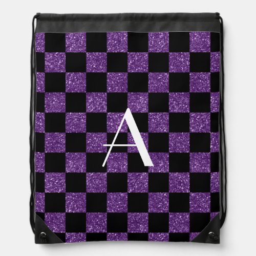 Monogram glitter purple and black checkered drawstring bag