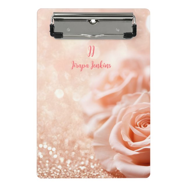 Monogram Glitter Rose Gold Background and Rose Mini Clipboard (Front)
