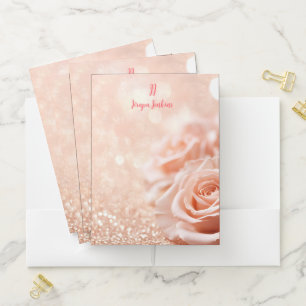 Monogram Glitter Rose Gold Background and Rose Pocket Folder