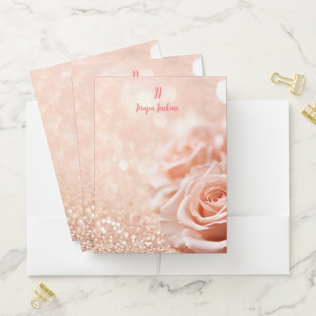 Monogram Glitter Rose Gold Background and Rose Pocket Folder (In Situ)