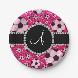 Monogram glitter rose pink soccer balls paper plates