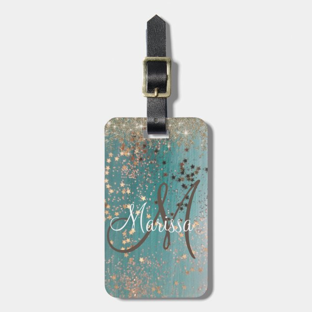 Monogram Glitter Stars on Teal Personalized Luggage Tag (Front Vertical)