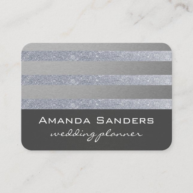 Monogram Glitter Stripes / Gray Business Card (Front)