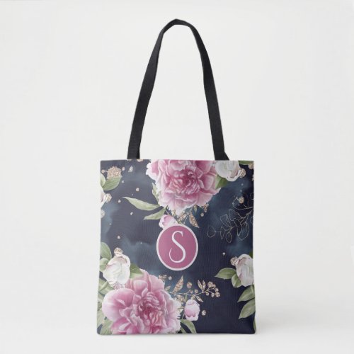 Monogram Glitter Watercolor Pink Blue Floral Girly Tote Bag