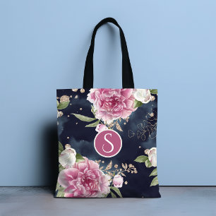 Monogram Glitter Watercolor Pink Blue Floral Girly Tote Bag