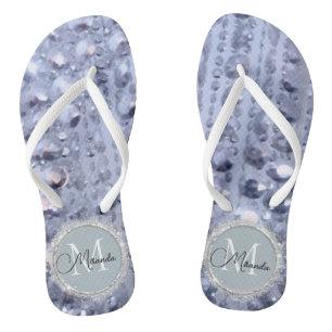 Monogram Glittery Blue Beads Flip Flops
