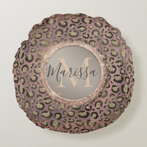 Monogram Glittery Chic Leopard Rose Gold Round Pillow