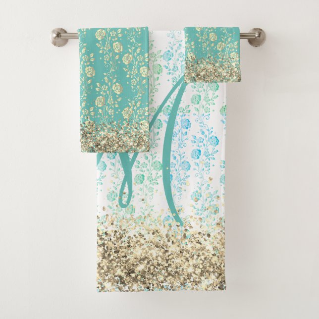 Monogram Glittery Flowers on Teal Bath Towel Set (Insitu)