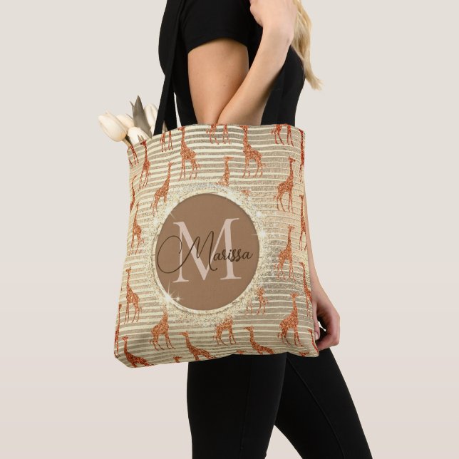 Monogram Glittery Giraffe on Gold Foil Tote Bag (Close Up)