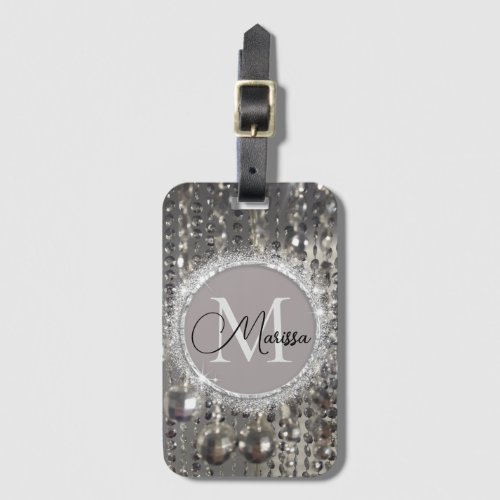 Monogram Glittery Silver Stringed Beads          Luggage Tag