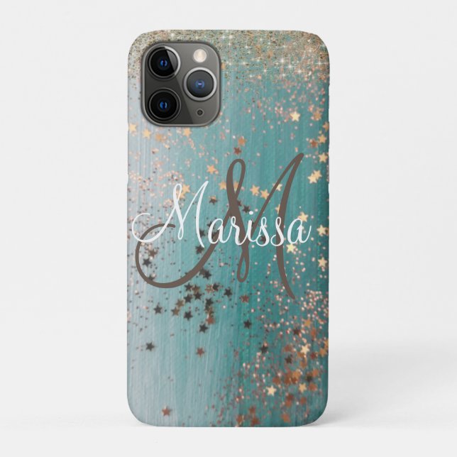 Monogram Glittery Stars on Teal Personalized Case-Mate iPhone Case (Back)